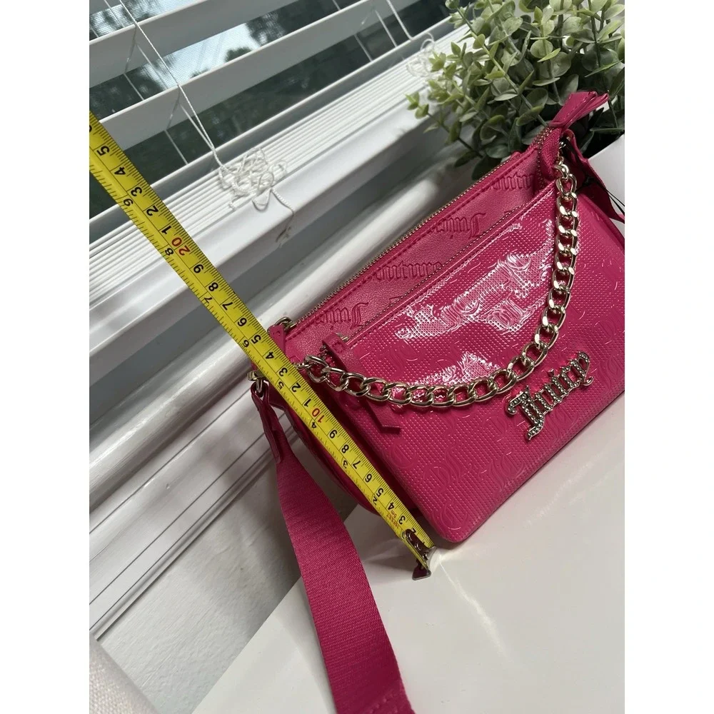 Juicy Couture Double Trouble Crossbody Bag Hot Pink Purse Gold Chain Pockets Zip